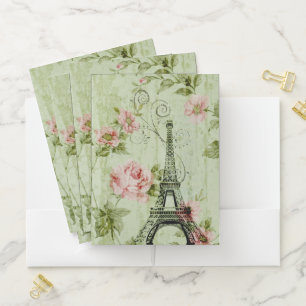 spring mint pink floral french paris eiffel tower pocket folder