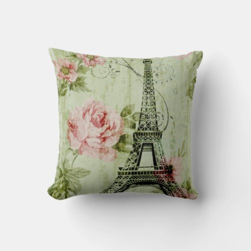 spring mint pink floral french paris eiffel tower throw pillow