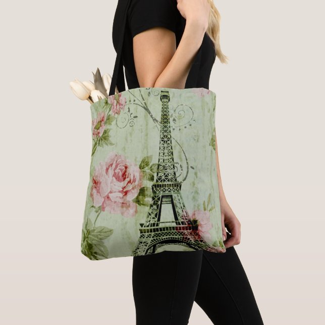 spring mint pink floral french paris eiffel tower tote bag (Close Up)