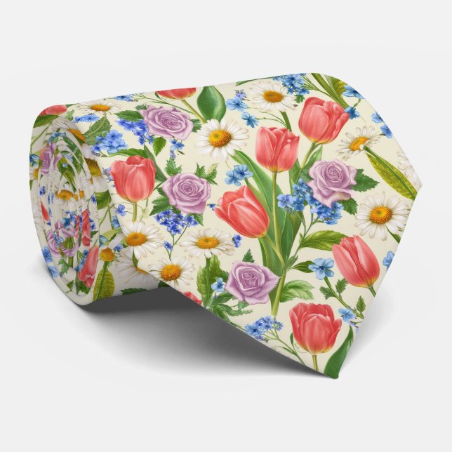 Spring Mixed Bouquet Floral Pattern Neck Tie (Rolled)