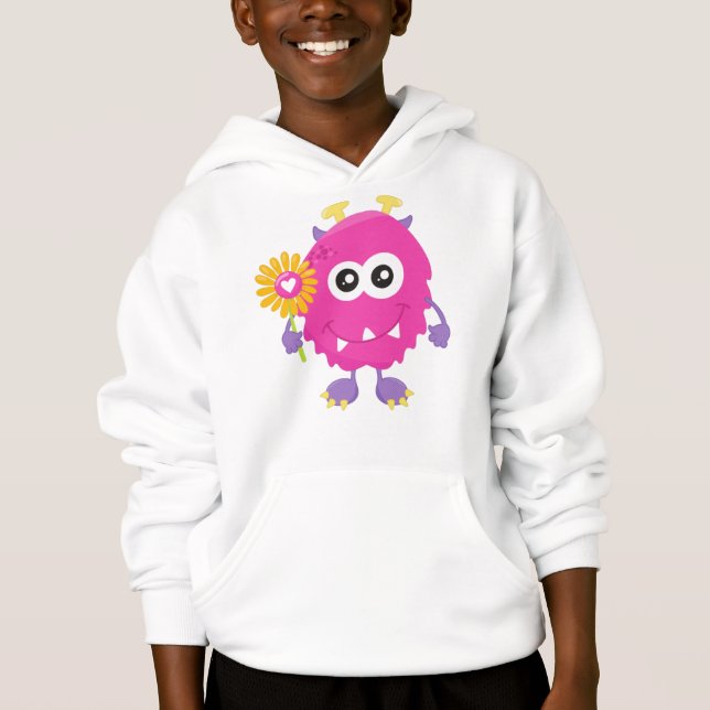 Spring Monster, Pink Monster, Flowers, Horns Hoodie (Front)