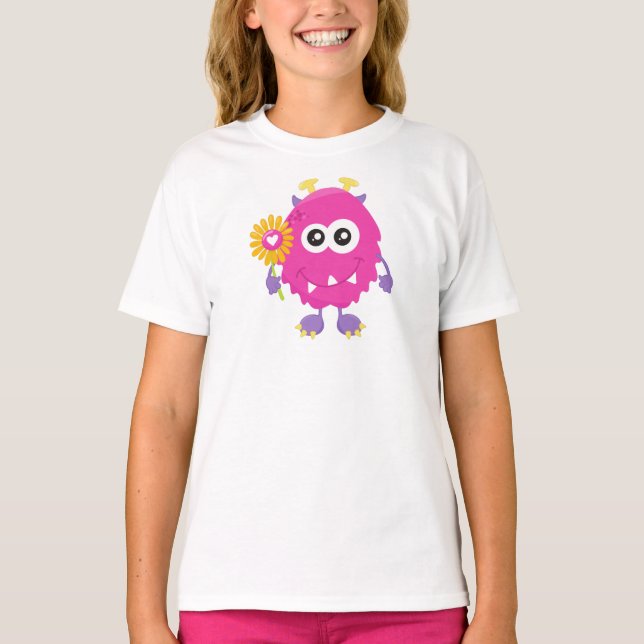 Spring Monster, Pink Monster, Flowers, Horns T-Shirt (Front)