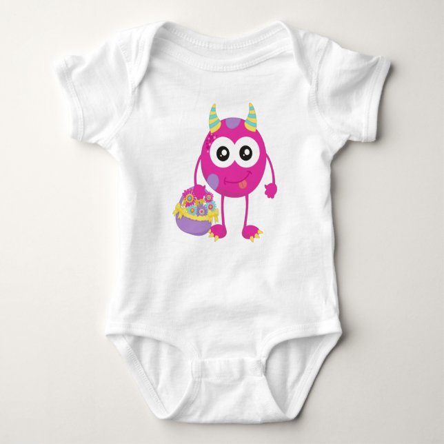 Spring Monster, Pink Monster, Horns, Flowers Baby Bodysuit (Front)