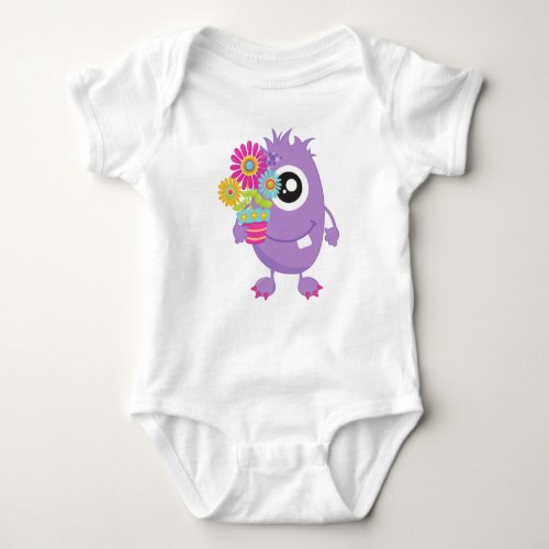 Spring Monster Purple Monster Colorful Flowers Baby Bodysuit