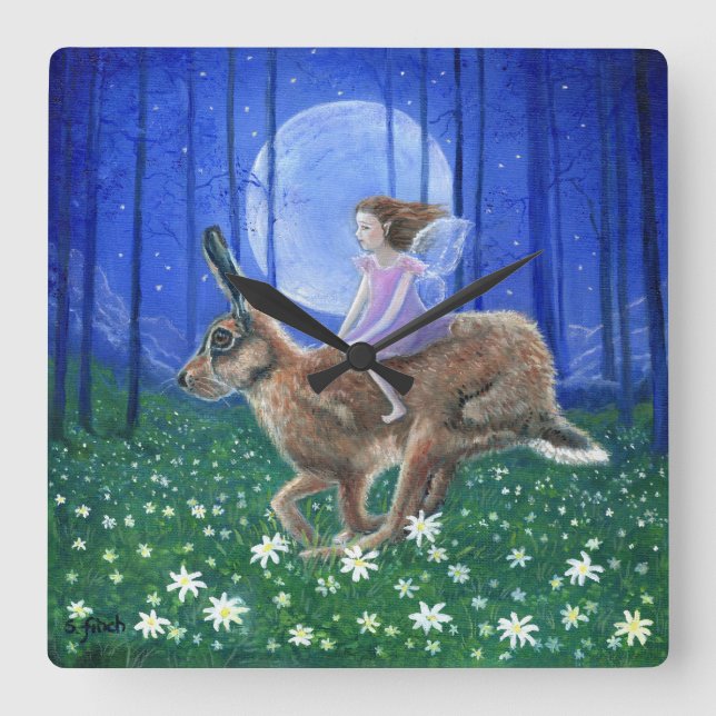 Spring Moon Hare Fairy Square Wall Clock (Front)