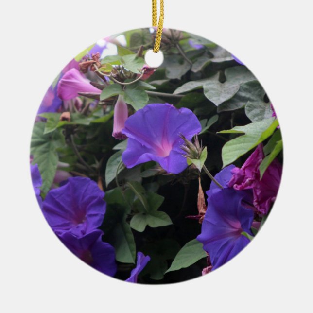 Spring Morning Glories in Blue Ceramic Ornament (Front)