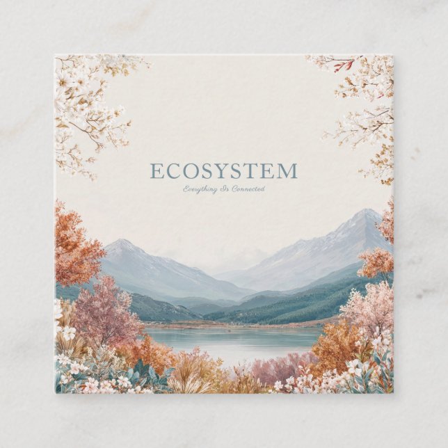 Spring Mountain Gold Frame Floral Landscape Square Business Card (Front)