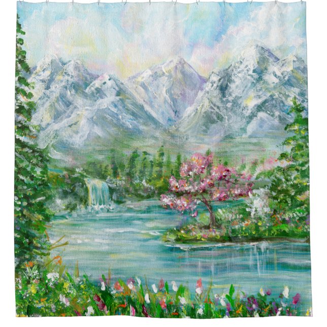 Spring mountain landscape. Original acrylic hand p Shower Curtain (Front)