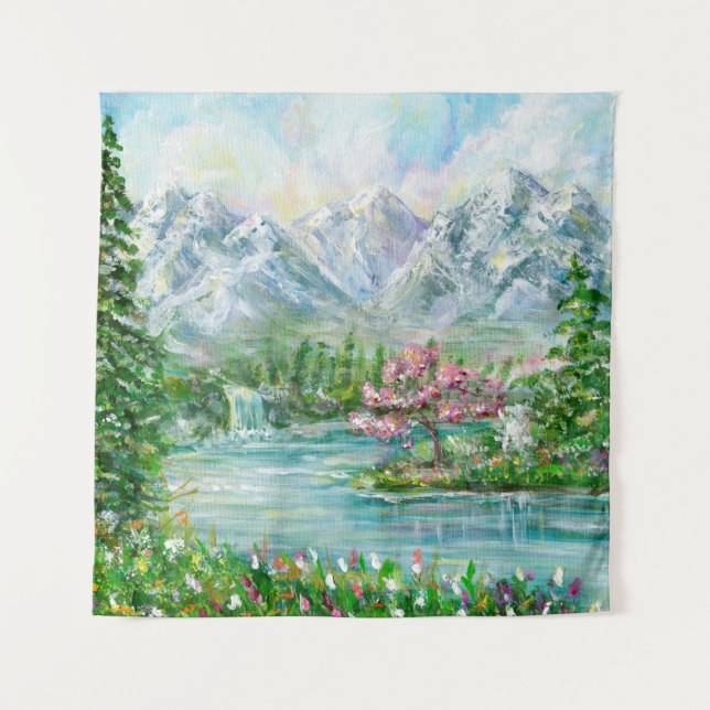 Spring mountain landscape. Original acrylic hand p Tapestry (Front)