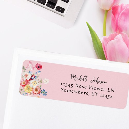 Spring Multi Color Florals Pink Return Address Label