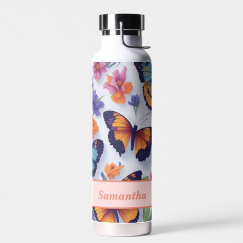Spring Multicolored Butterflies and Flowers Water Bottle