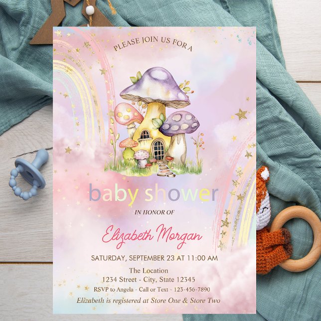 Spring Mushrooms Houses Rainbow Baby Shower Invitation (Creator Uploaded)