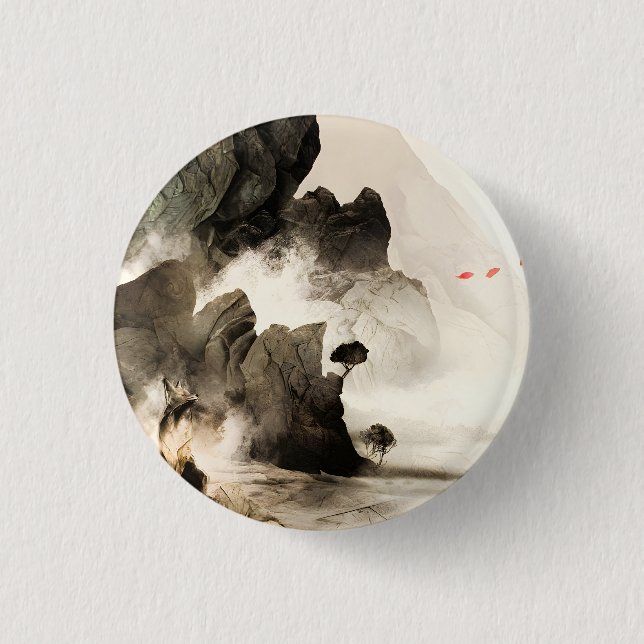 Spring Mystic Fox Misty Mountain Minimalist Zen Button (Front)