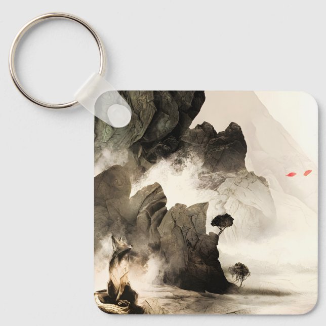 Spring Mystic Fox Misty Mountain Minimalist Zen Keychain (Front)