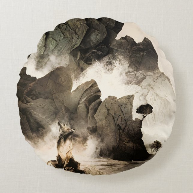 Spring Mystic Fox Misty Mountain Minimalist Zen Round Pillow (Front)