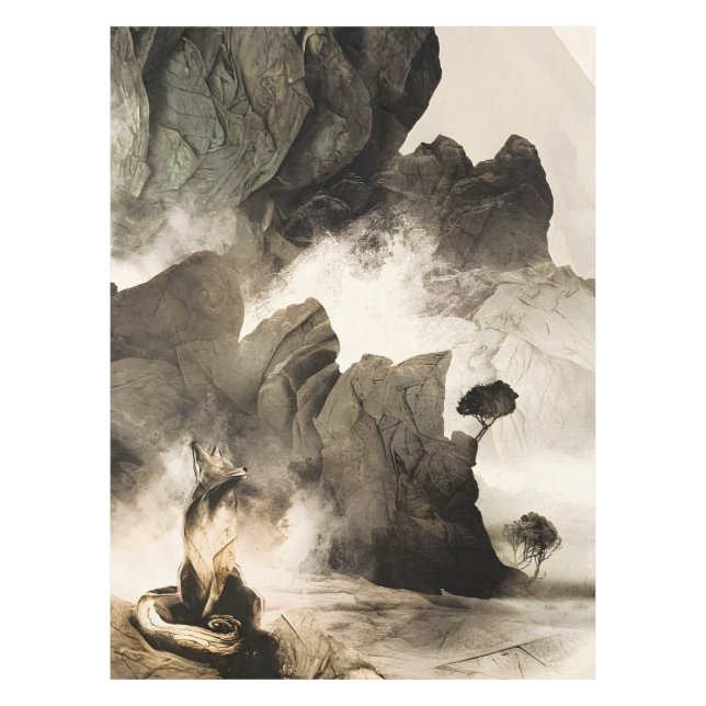 Spring Mystic Fox Misty Mountain Minimalist Zen Tablecloth (Front)