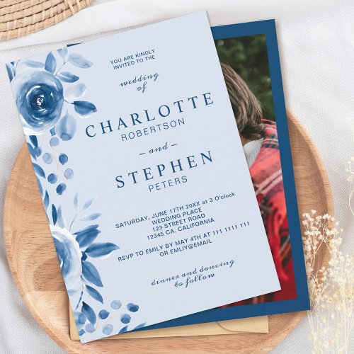 Spring navy blue floral watercolor wedding photo invitation