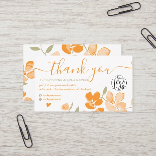 Spring orange editable floral order thank you business card