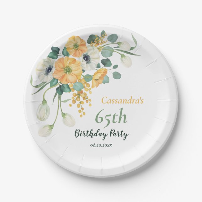 Spring Orange & White Anemone Botanical Birthday  Paper Plates (Front)