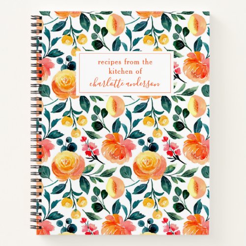 Spring Orange Yellow Floral Watercolor Name Recipe Notebook
