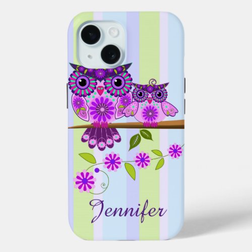 Spring owl and owlet  custom name iPhone 15 case