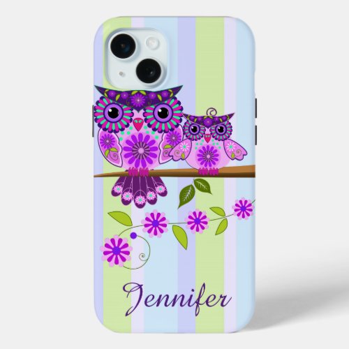 Spring owl and owlet  custom name iPhone 15 plus case