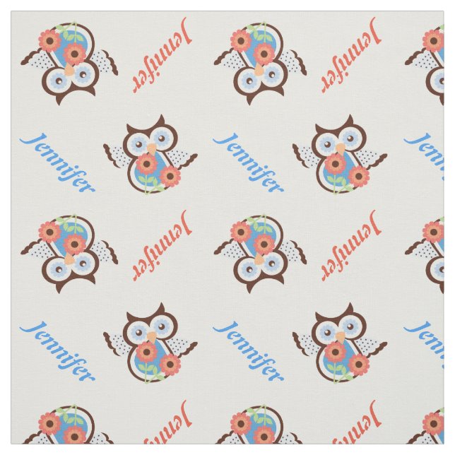 Spring owl, flowers and name personalized fabric (Swatch)