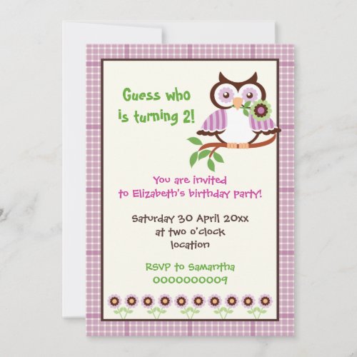 Spring owl kids birthday party purple border custom invitation