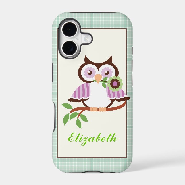Spring owl, mint green plaid border iPhone Case (Back)