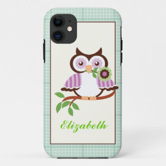 Spring owl, mint green plaid border iPhone 11 Case