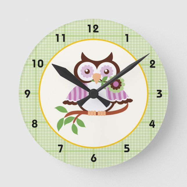 Spring owl with green plaid border wall clock (Front)