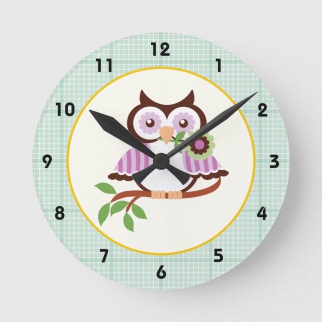Spring owl with mint green plaid border wall clock (Front)