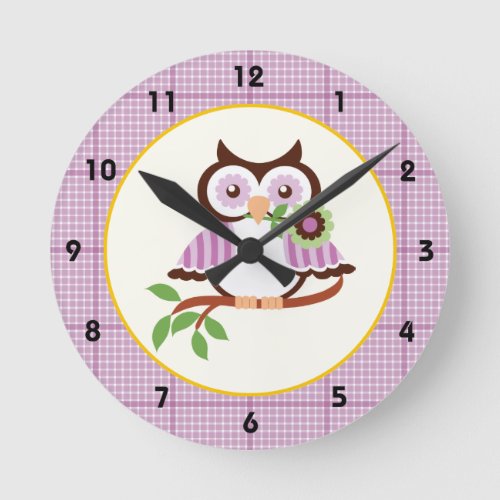 Spring owl with purple plaid border wall clock