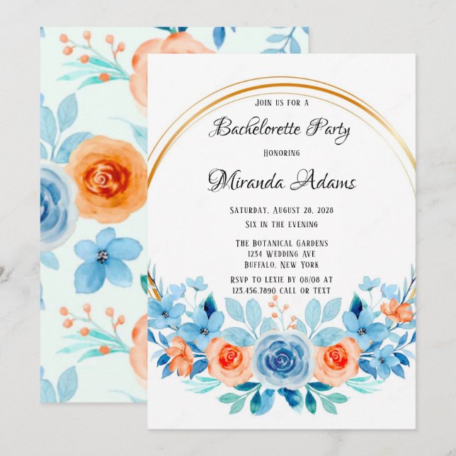 Spring Paint Blue Orange Floral Bachelorette Party Invitation (Front/Back)