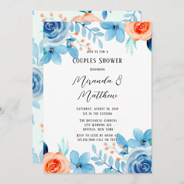 Spring Paint Blue Orange Florals Couples Shower In Invitation (Front/Back)