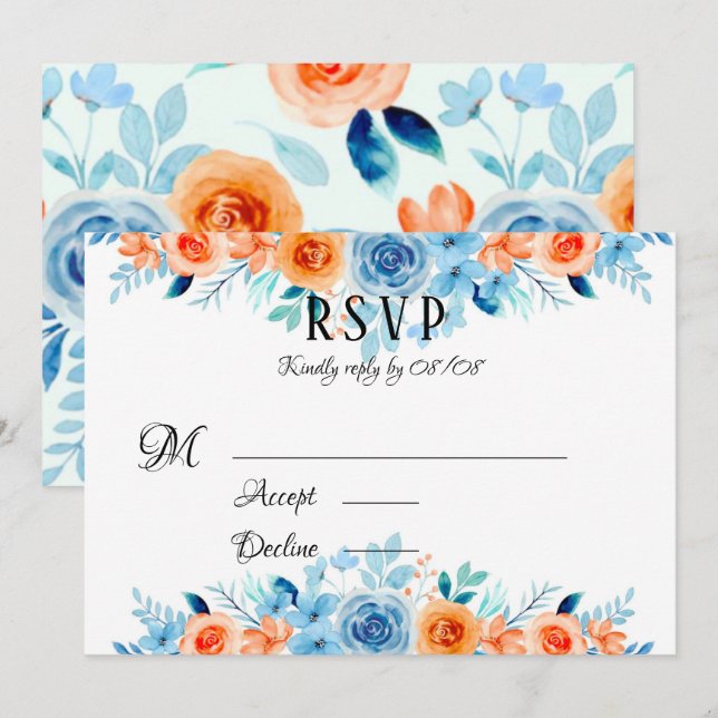 Spring Paint Blue Orange Florals Wedding RSVP Card (Front/Back)