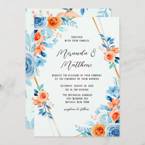 Spring Paint Blue Orange Watercolor Floral Wedding Invitation