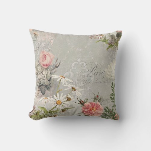 Spring Paris Vintage Floral Gray Ephemera Damask Throw Pillow