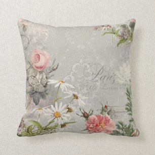 Spring Paris Vintage Floral Gray Ephemera Damask Throw Pillow