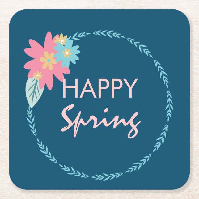 Spring Party Floral Wreath Birthday Flowers Square Paper Coaster (Front)