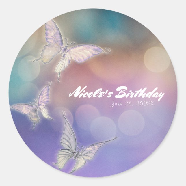Spring Pastel Butterflies Birthday Party Favor Classic Round Sticker (Front)