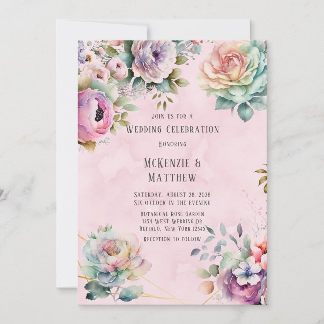 Spring Pastel Floral Bouquet Geometric Wedding Inv Invitation (Front)