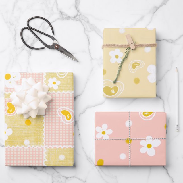 Spring Pastel Floral & Hearts Wrapping Paper Sheets (Front)