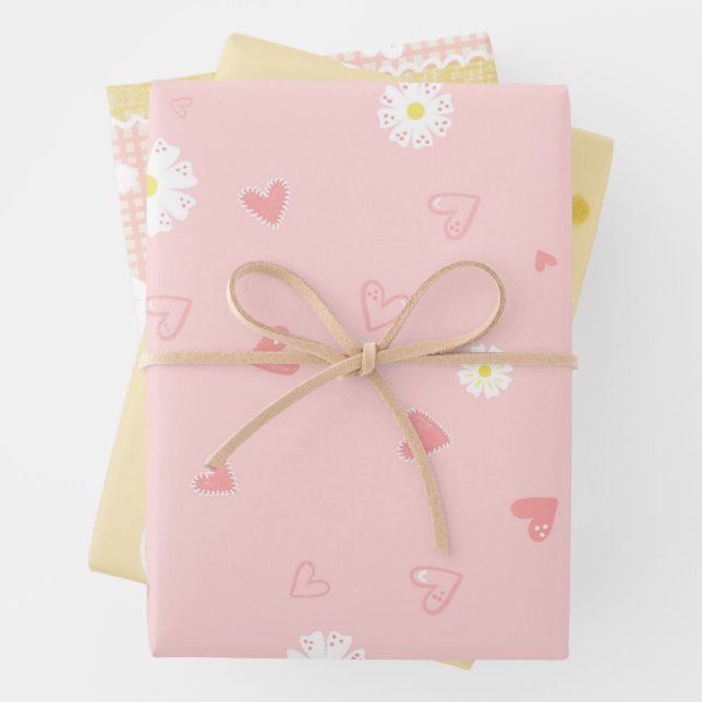 Spring Pastel Floral & Hearts Wrapping Paper Sheets (In situ)