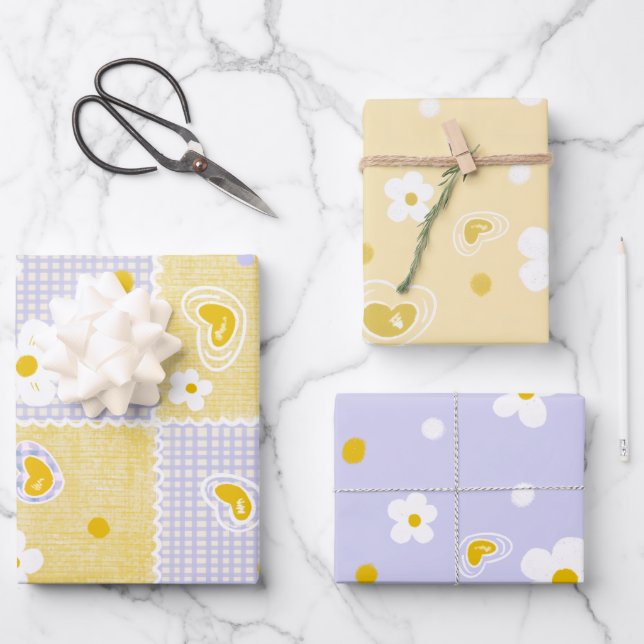 Spring Pastel Floral & Hearts Wrapping Paper Sheets (Front)