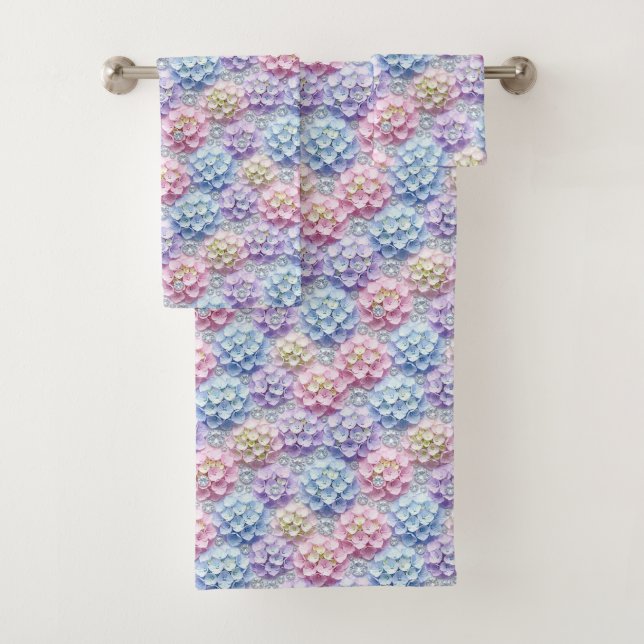 Spring Pastel Hydrangeas and Diamonds Towel Set (Insitu)
