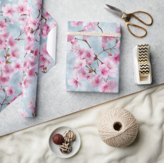 Spring Pastel Pink Blue Cherry Watercolor Pattern Wrapping Paper