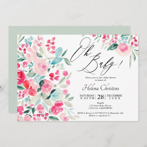 Spring pastel pink floral watercolor baby shower invitation