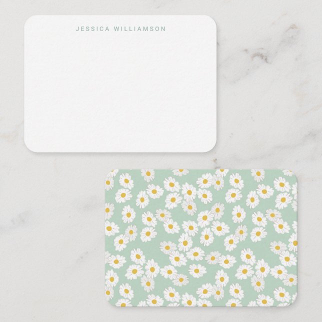 Spring Pastel Sage Blue Daisies Custom Name Note Card (Front/Back)