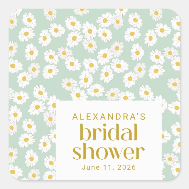 Spring Pastel Sage Daisies Bridal Shower Custom  Square Sticker (Front)